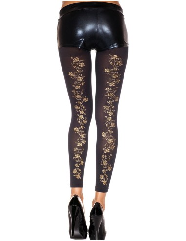 Thin opaque black leggings with gold flowers on the back - MH35821BLK