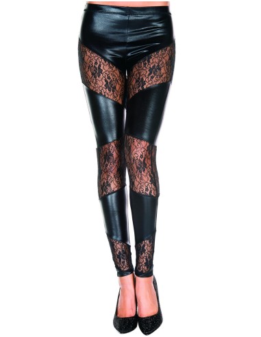 Zwarte wetlook legging met gebloemde kanten banden - MH35134BLK