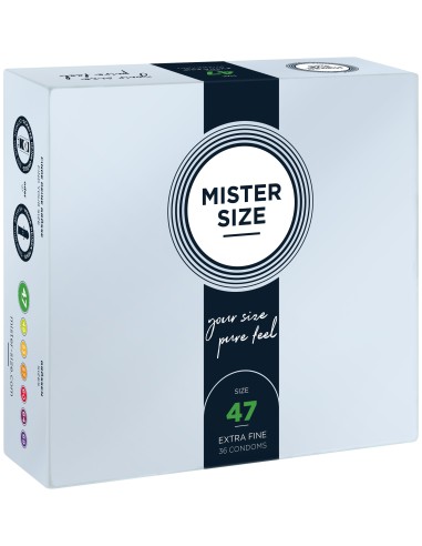 Box of 36 latex condoms with reservoir, 7 sizes available, Mister Size - MS36