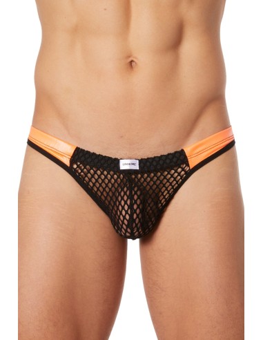 Black mesh thong with orange faux leather bands - LM911-57MBKO