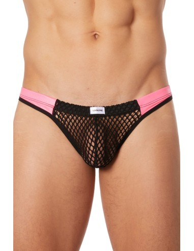 Black mesh thong with pink faux leather bands - LM911-57MBKM