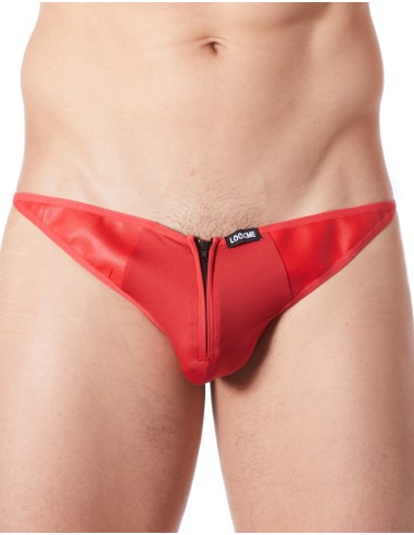 Sexy red thong with zipper and leather style sides - LM813-57RED