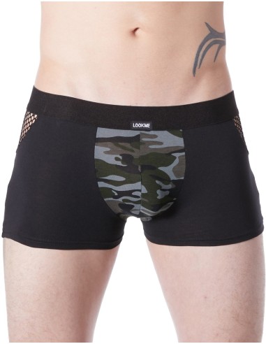 Sexy boxer negro shorts ejército deco camuflaje rejilla lados de malla - LM814-67BLK