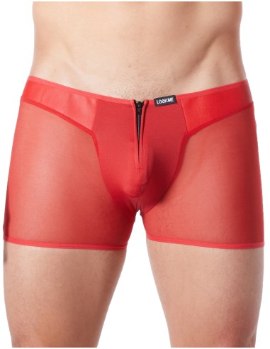 Sexy rode boxershort met ritssluiting en leren zijkanten en transparant mesh - LM813-67RED