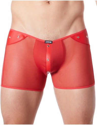 Sexy boxer rojo con malla transparente y banda estilo cuero - LM807-67RED