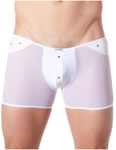 Boxer blanc sexy maille transparente et bande style cuir - LM807-67WHT