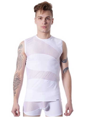 Opaque and transparent white round neck tank top t-shirt with fine stripes - LM803-77WHT