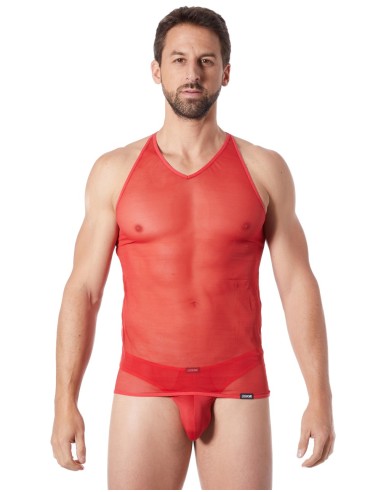 Rood fijn mesh V-shirt met transparantie - LM92-76RED