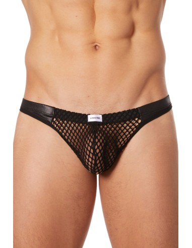 Black mesh thong with faux leather bands - LM911-57MBLK