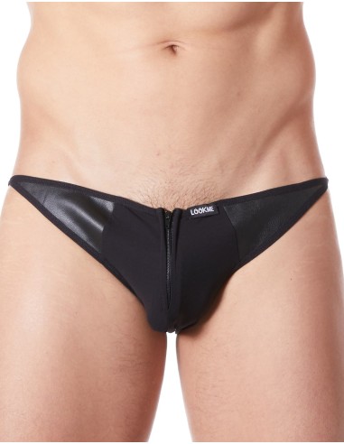 Sexy black brief brief with zipper and leather style sides transparent back - LM813-61BLK