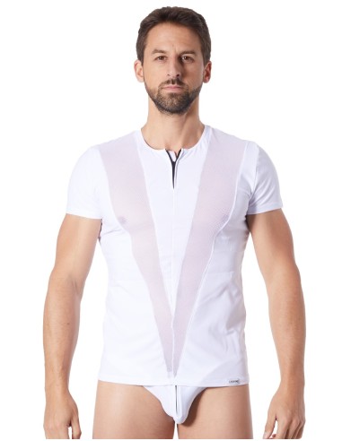 Camiseta blanca suave con bandas de rejilla, cuello redondo y cremallera - LM805-81WHT