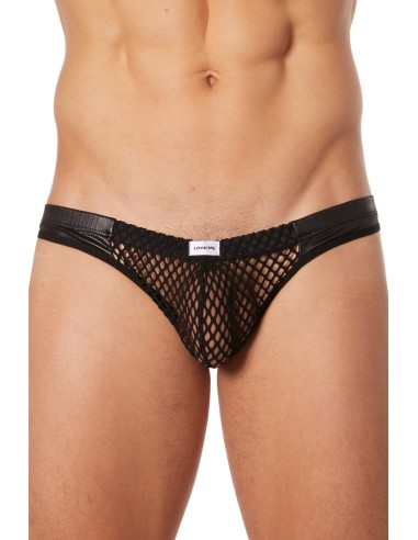 Black mesh briefs with faux leather bands - LM911-61MBLK