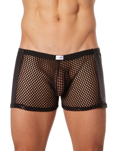 Zwarte mesh boxershort met kunstleren zijkanten - LM911-67MBLK