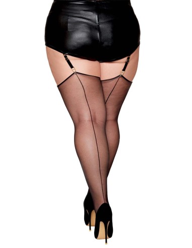 Black, large size, transparent fishnet stockings with back seam - DG0492XBLK