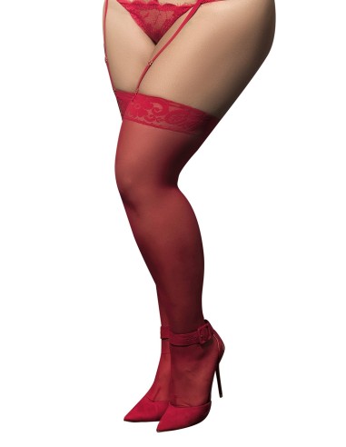 Red self-fixing nylon stockings, large size, lace garters - MAL1094XRD