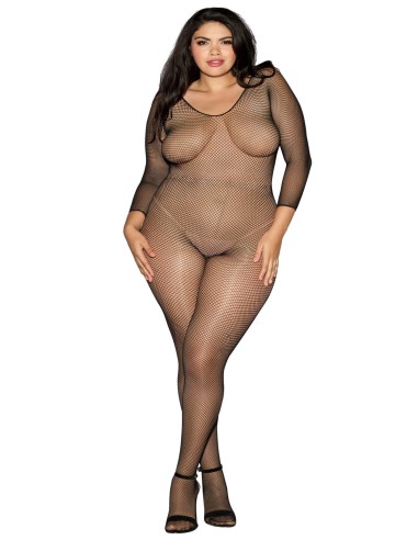 Grote maten zwarte visnet bodystocking met open kruis - DG0015XBLK