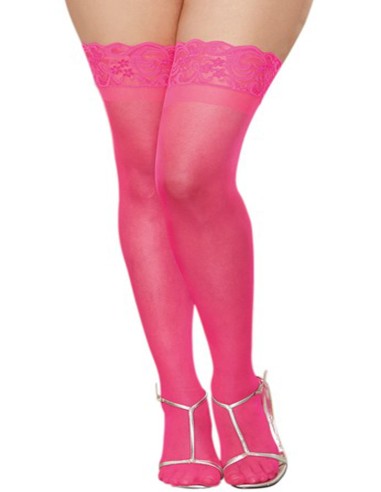 Large size pink nylon self-fixing stockings with lace garters - DG0005NXPNK