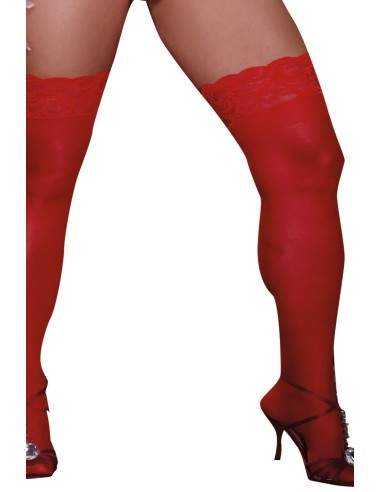 Red large size nylon self-fixing stockings with lace garters - DG0005XRED