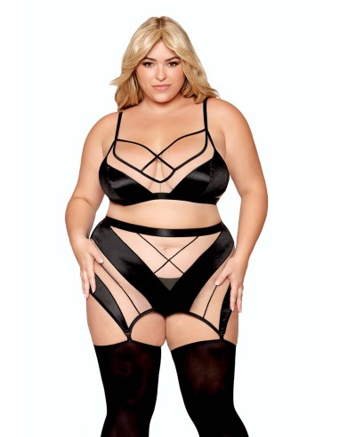 Plus size set with bra, suspender skirt, thong - DG13377XBLK