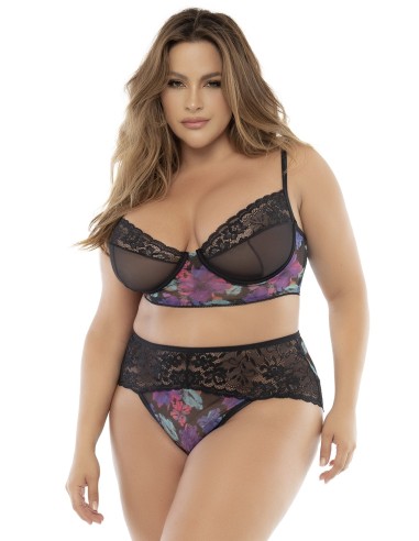 Zwarte lingerieset, groot formaat, twee stuks met exotische bloemenprint - MAL8774PRT