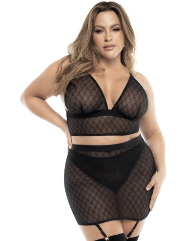 Sujetador, tanga y falda, talla grande, rejilla negra - MAL8776XBLK