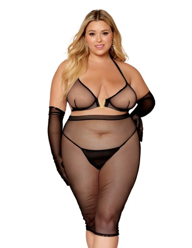 Ensemble 2 pièces grande taille, soutien gorge et jupe longue transparente noir - DG12770XBLK