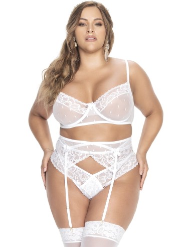 Plus size three-piece set in fine fishnet and white lace - MAL8672XWHT