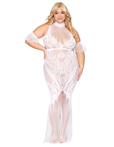 Bodystocking dress, large size, in white fishnet and lace - DG0490XWHT