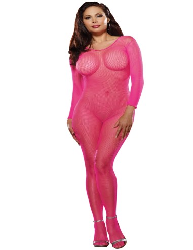 Bodystocking rose fluo résille grande taille ouvert à l'entre-jambes - DG0015XHPK