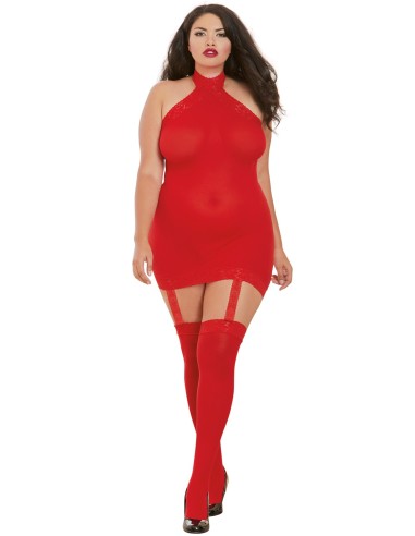 Grote maat rode bodystocking met korseteffect en kant - DG0035XRED