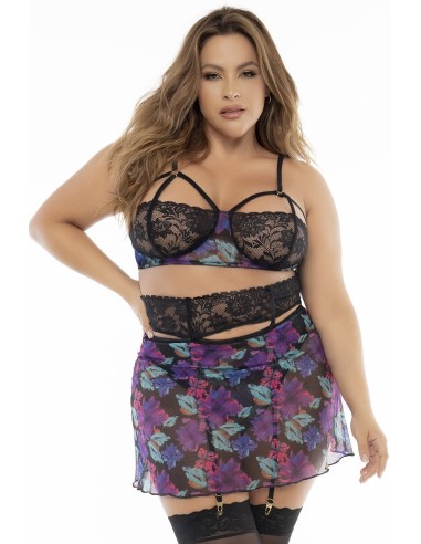 Two-in-one, black nightie and three-piece set, large size, exotic flower fabric - MAL7496XBLK