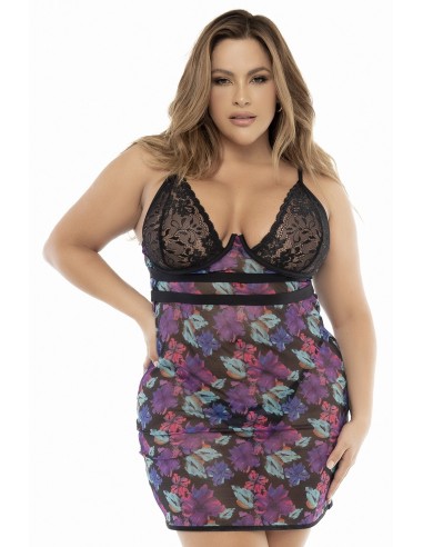 Black fishnet and lace nightie, large size, exotic flower print - MAL7497XPRT