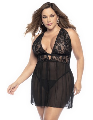 Nightie with wide uncollected, large size, in black lace and fishnet and thong - MAL7500XBLK