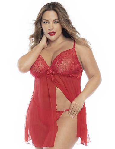 Babydoll, large size, in red lace and fishnet open on the front - MAL7501XRED