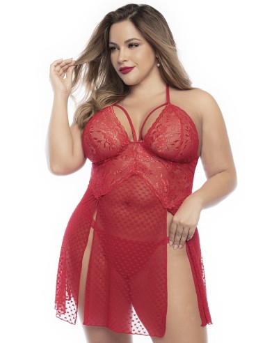 Camisón sin espalda, talla grande, en encaje rojo y rejilla fina con tanga - MAL7506XRED