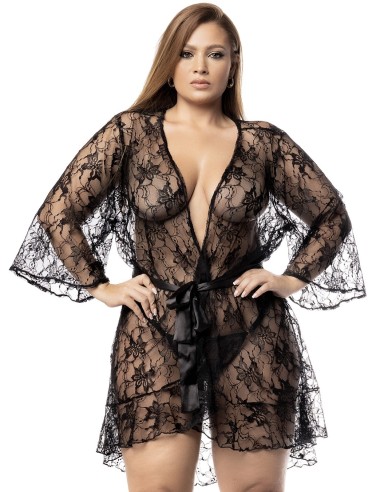 Bathrobe, large size, in transparent black lace with thong - MAL7495XBLK