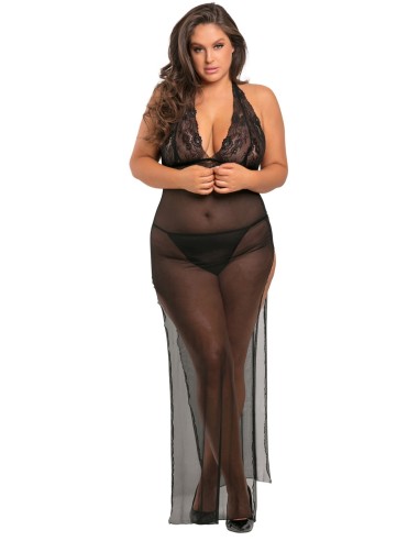 Long plus size transparent slit nightie - REN51004X-BLK