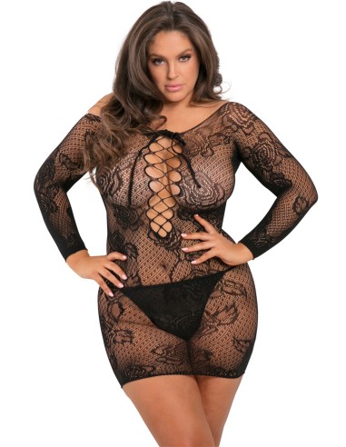 Plus size black fine fishnet nightie with long sleeves - REN7067X-BLK