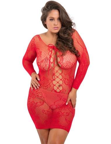 Nuisette grande taille rouge fine résille manches longues - REN7067X-RED