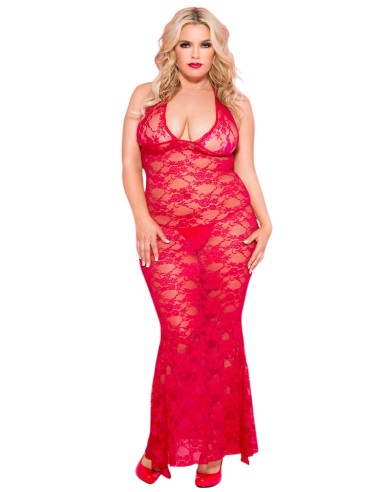 Plus size long red nightie with floral lace neckline - ML53012XRED