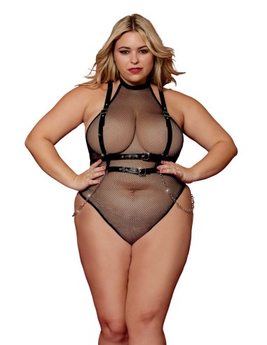 Visnet bodysuit, groot formaat, met kunstleren harnas en kettingen - DG13291XBLK