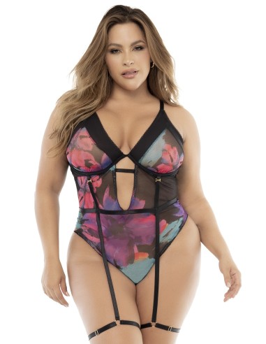 Zwarte bodysuit, groot formaat, exotische bloemenprint - MAL8774XPRT