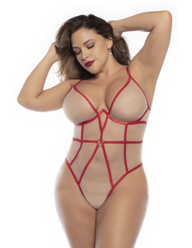 Thong bodysuit, large size, flesh and red - MAL8817XRED