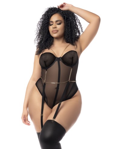 Bodysuit, large size, in black transparent fishnet and suspenders - MAL2727XBLK