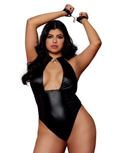 Large size black wetlook bodysuit with handcuffs, jewelry padlock and jewelry key included - DG12814XBLK