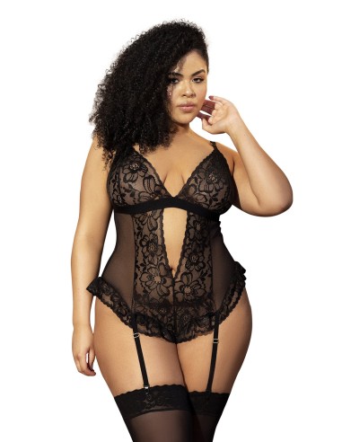 Plus size black lace and fishnet bodysuit with suspender belt - MAL8568XBLK