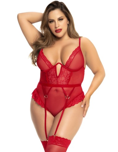 Grote maten rode bodysuit met jarretelgordel - MAL8724XRED