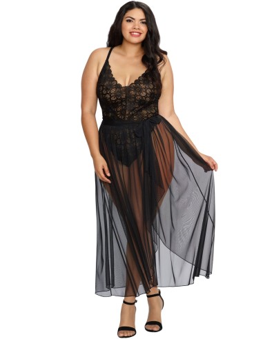 Zwart Grote maten bodysuit met kanten string en verwijderbare rok van pure mesh - DG10996XBLK