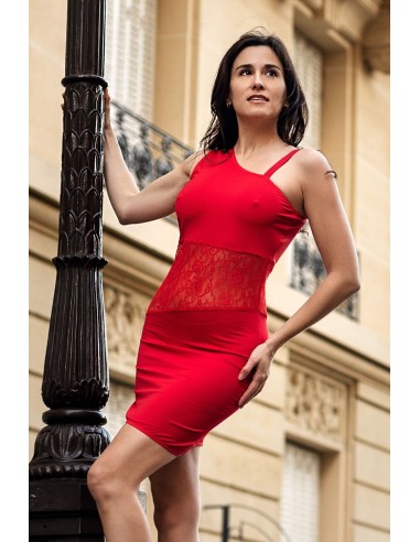 Paola red asymmetrical dress with lace - LDR3RED