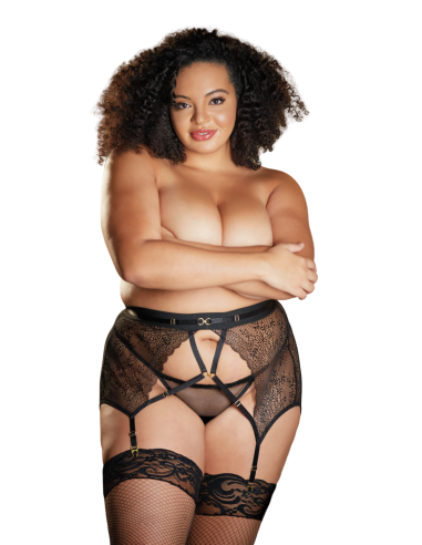 Liguero de encaje negro talla grande y tanga CHARISSA - 12-7012XB